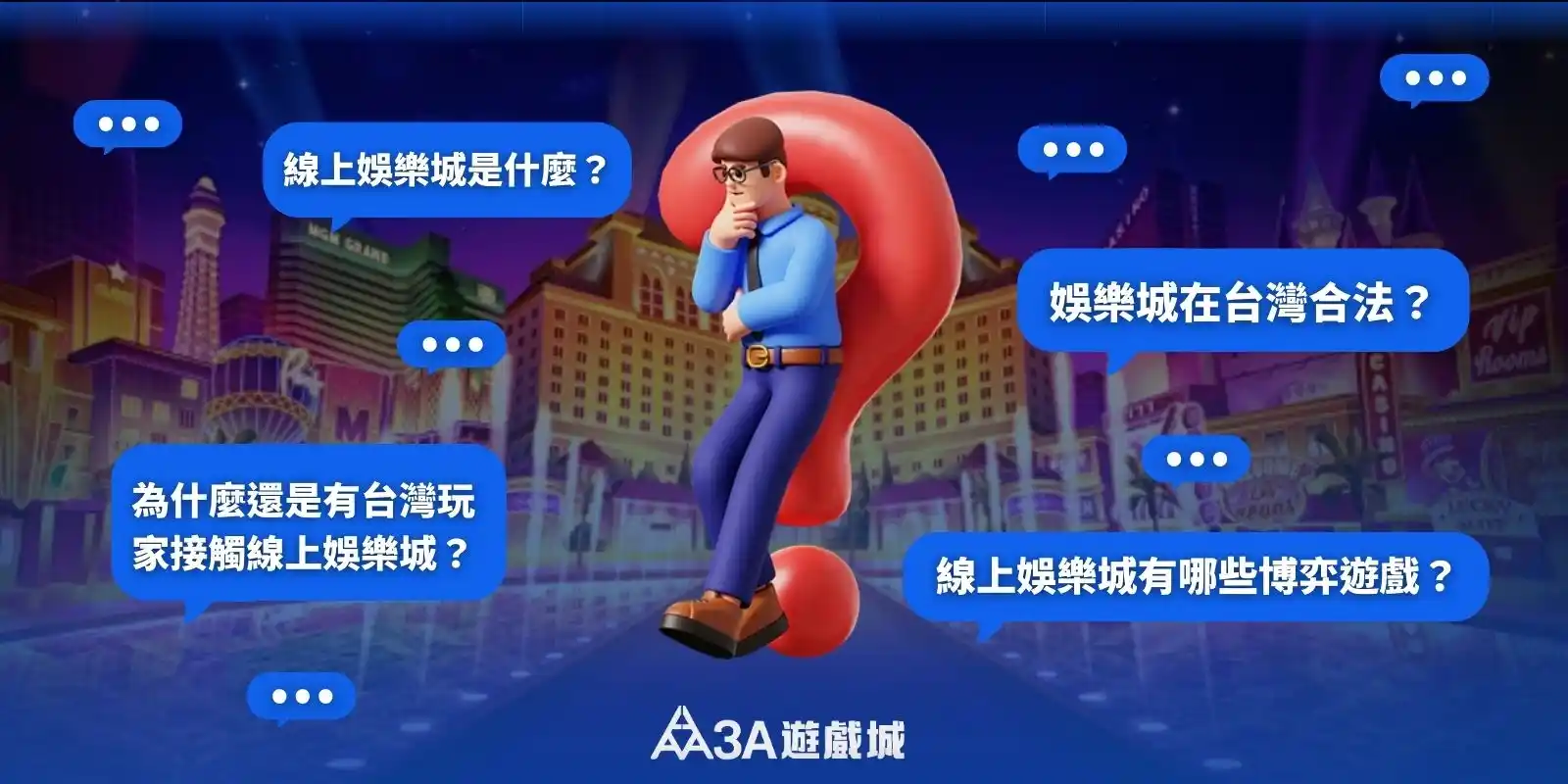 線上娛樂城常見問題宣傳圖，人物思考與問號背景。