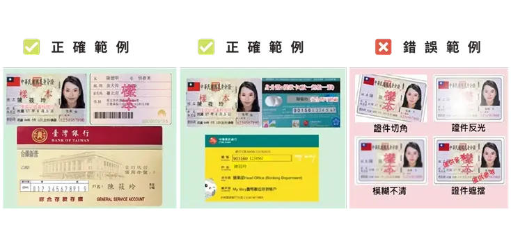3A 娛樂城實名驗證需準備的文件：身份證與銀行卡拍攝範例，展示正確與錯誤的拍攝方式。