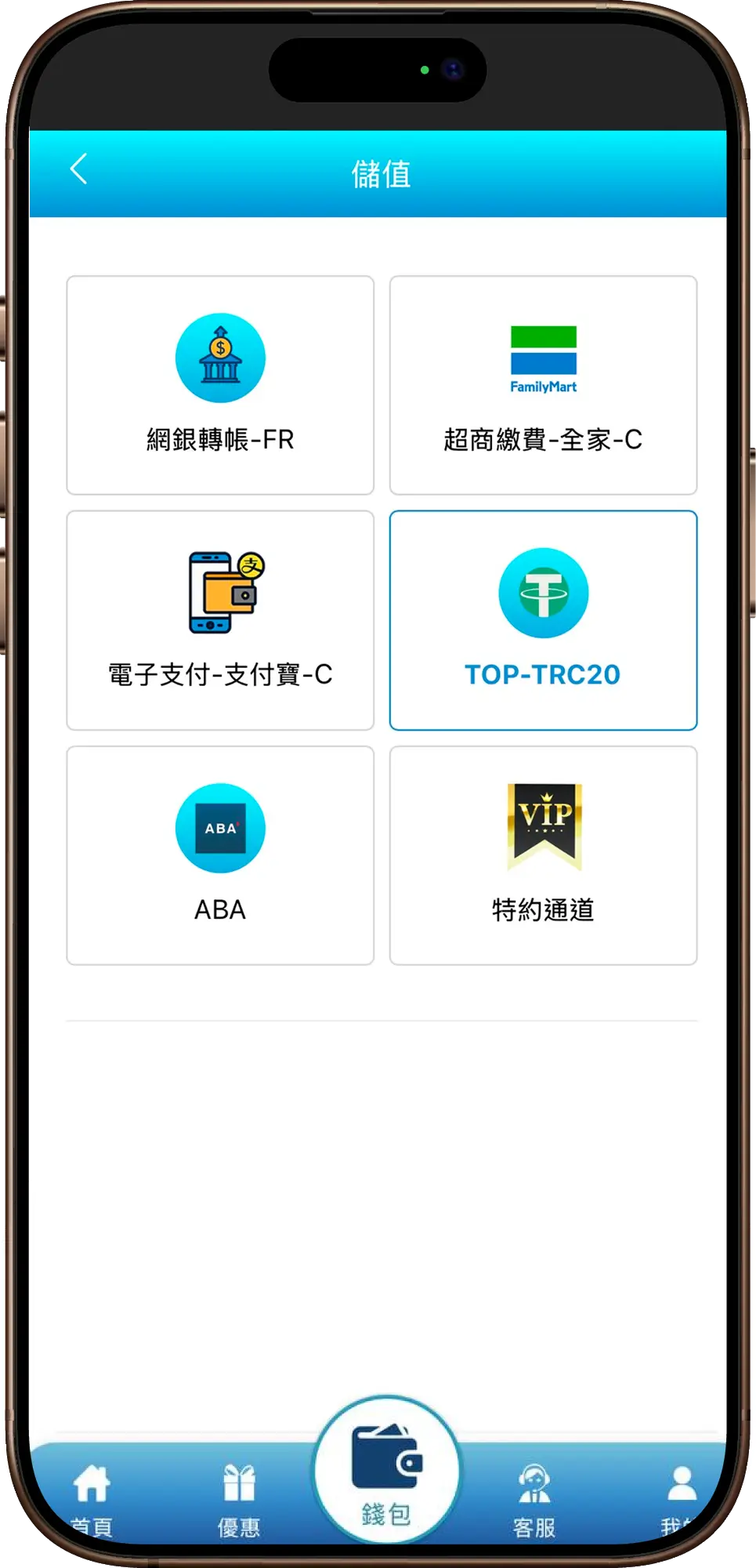 3A娛樂城 USDT 儲值示意圖：手機錢包儲值介面，顯示網銀、超商、支付寶、TRC20、ABA 與 VIP 通道。