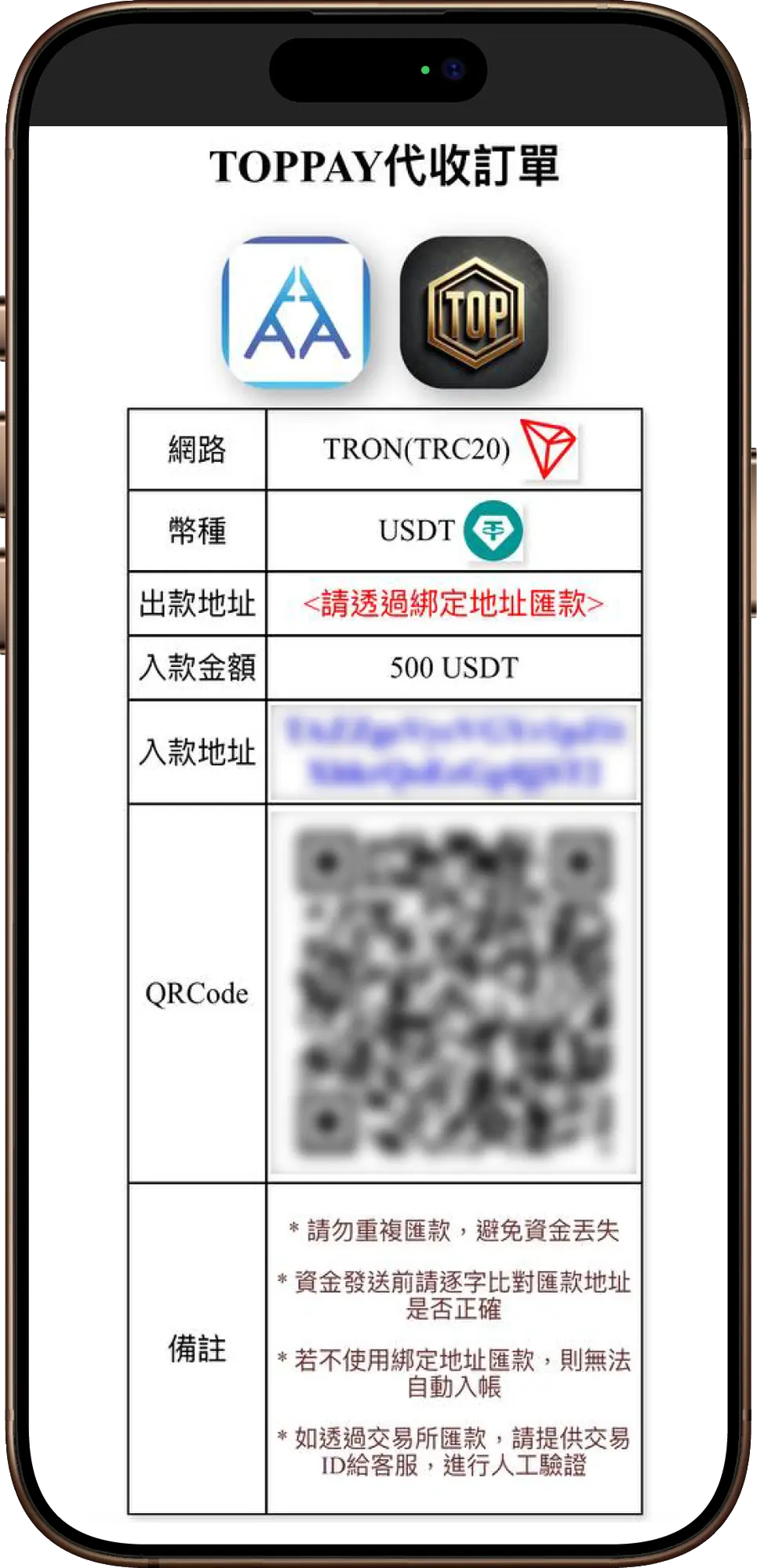 3A娛樂城 USDT 儲值示意圖：TOPPAY 代收訂單介面，顯示 TRC20 USDT 匯款資訊與 QR Code。