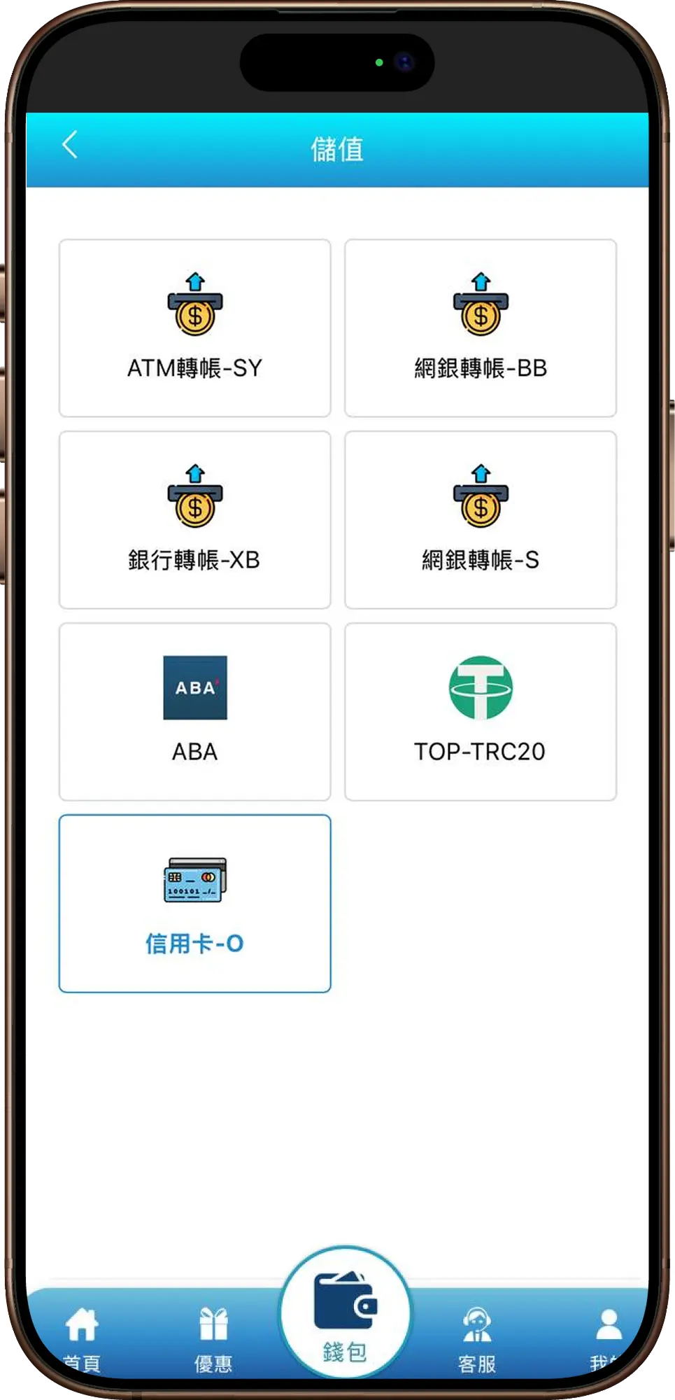 3A娛樂城信用卡儲值示意圖：儲值方式選擇頁面，提供多元管道如 ATM、網銀、ABA、TRC20 與信用卡。