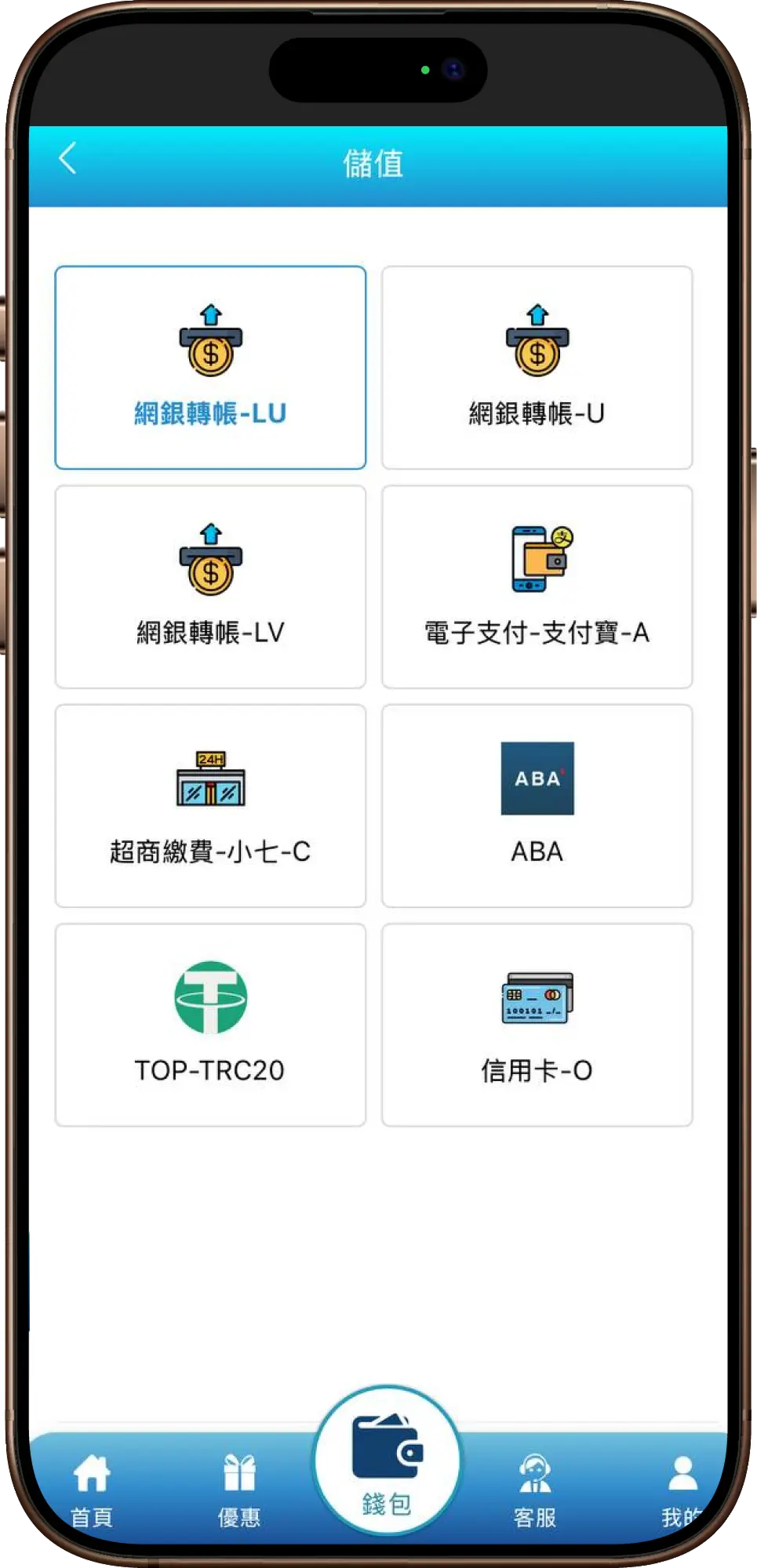 3A娛樂城網銀儲值示意圖：儲值方式選擇頁面，提供網銀轉帳、電子支付、超商繳費、加密貨幣與信用卡。