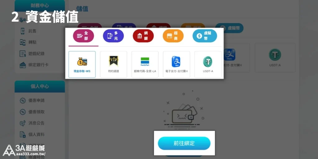 3A遊戲城資金儲值頁面，顯示多種支付方式