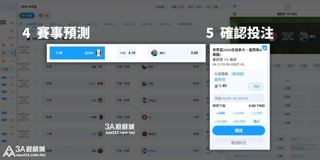 3A遊戲城世界杯賽事投注頁面，顯示墨西哥 vs 南非賠率