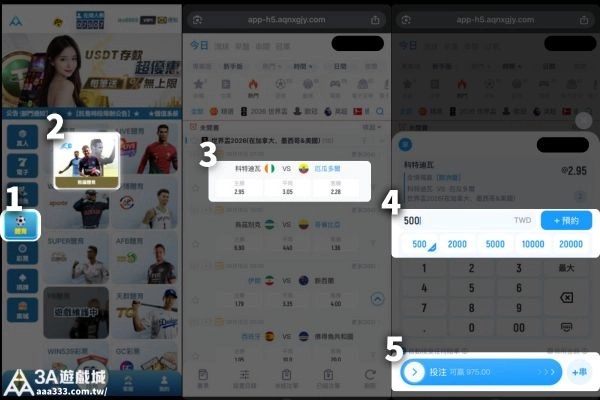 3A遊戲城手機版體育投注流程，顯示五個操作步驟